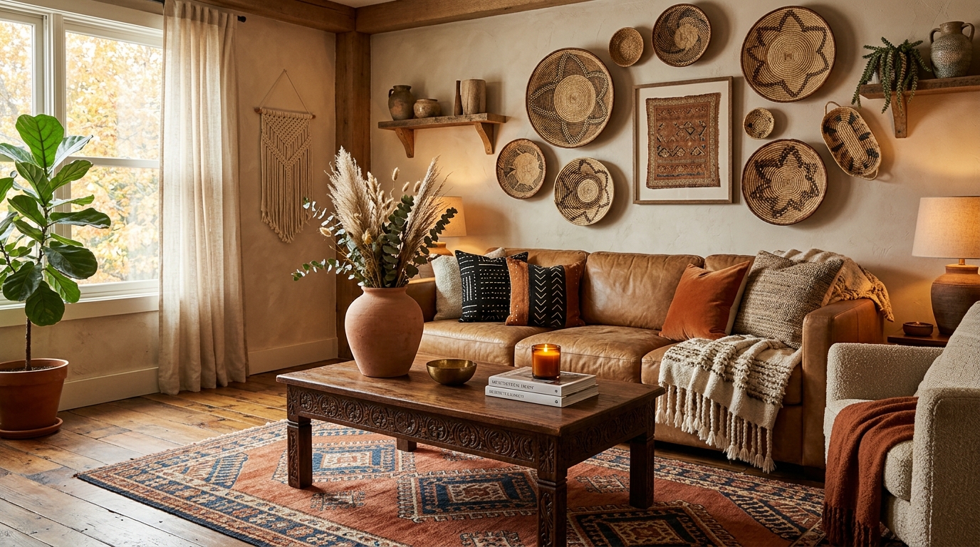Cozy Afrohemian fall living room featuring camel leather sofa, African mudcloth pillows, handwoven basket wall gallery, and terracotta pottery