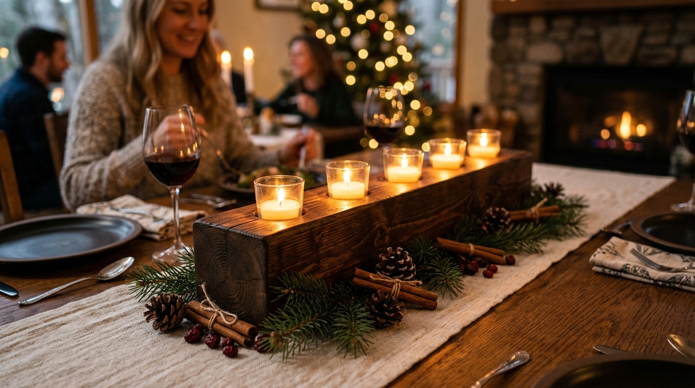5-candle rustic wood beam dining trough centerpiece with flickering votive candles