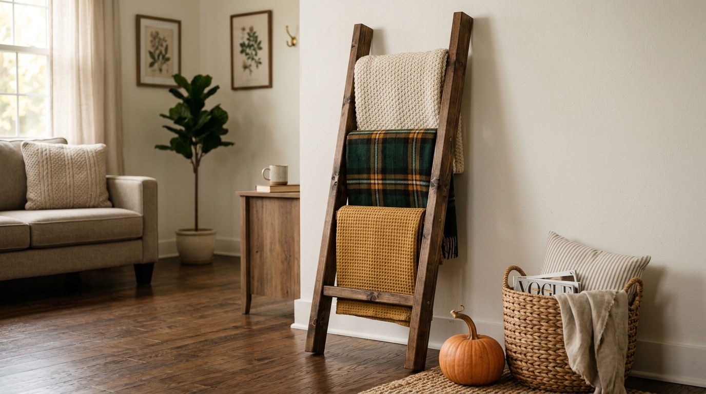 DIY farmhouse wooden blanket ladder made of 2x4 lumber holding chunky knit throws in living room