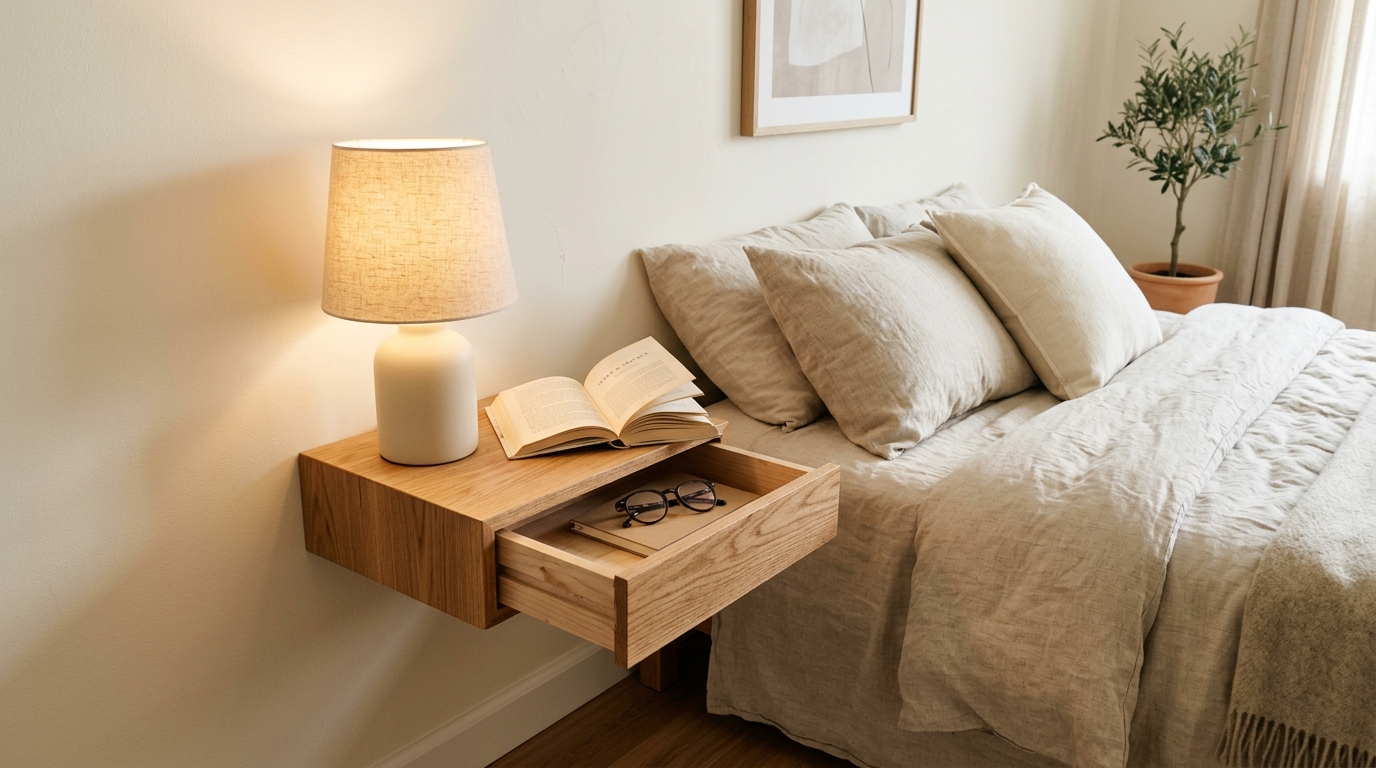 Floating bedside ledge with hidden drawer nightstand made of warm pine