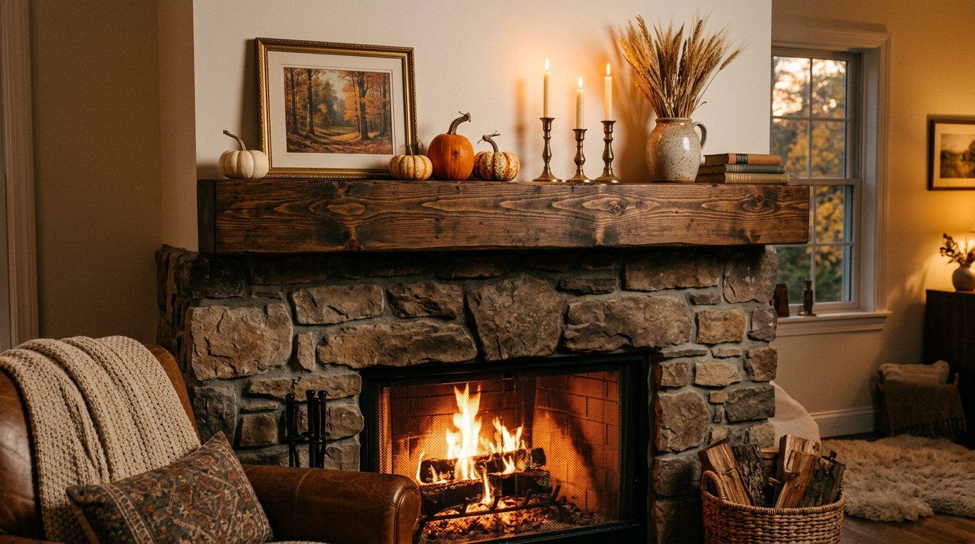 Chunky floating fireplace shelf faux beam 2x4 plans mounted above stone hearth