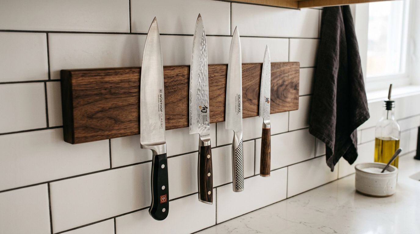 Rustic magnetic knife strip hardwood kitchen organizer made from scrap walnut