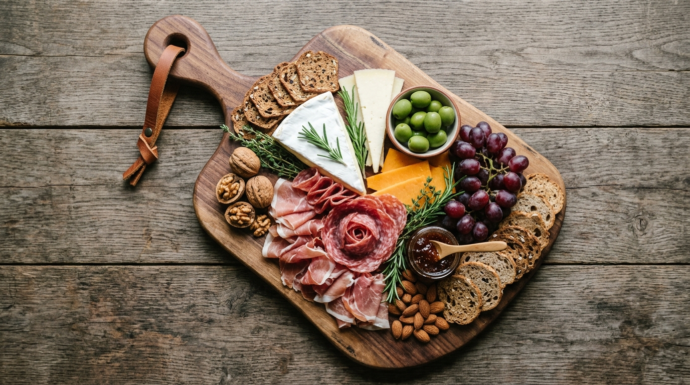Handcrafted rustic charcuterie board with leather strap serving plank for holiday entertaining