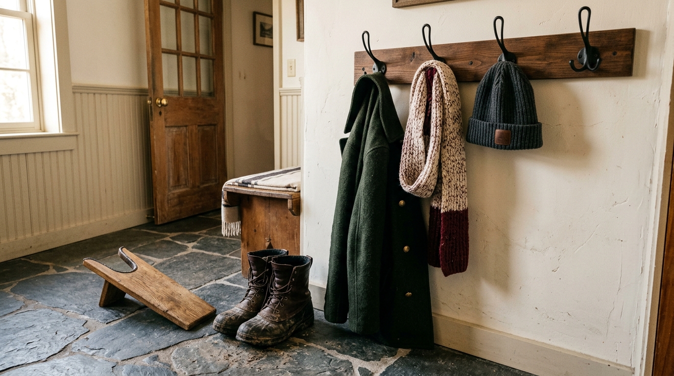 Rustic wooden boot jack and cast iron coat board mudroom entryway set