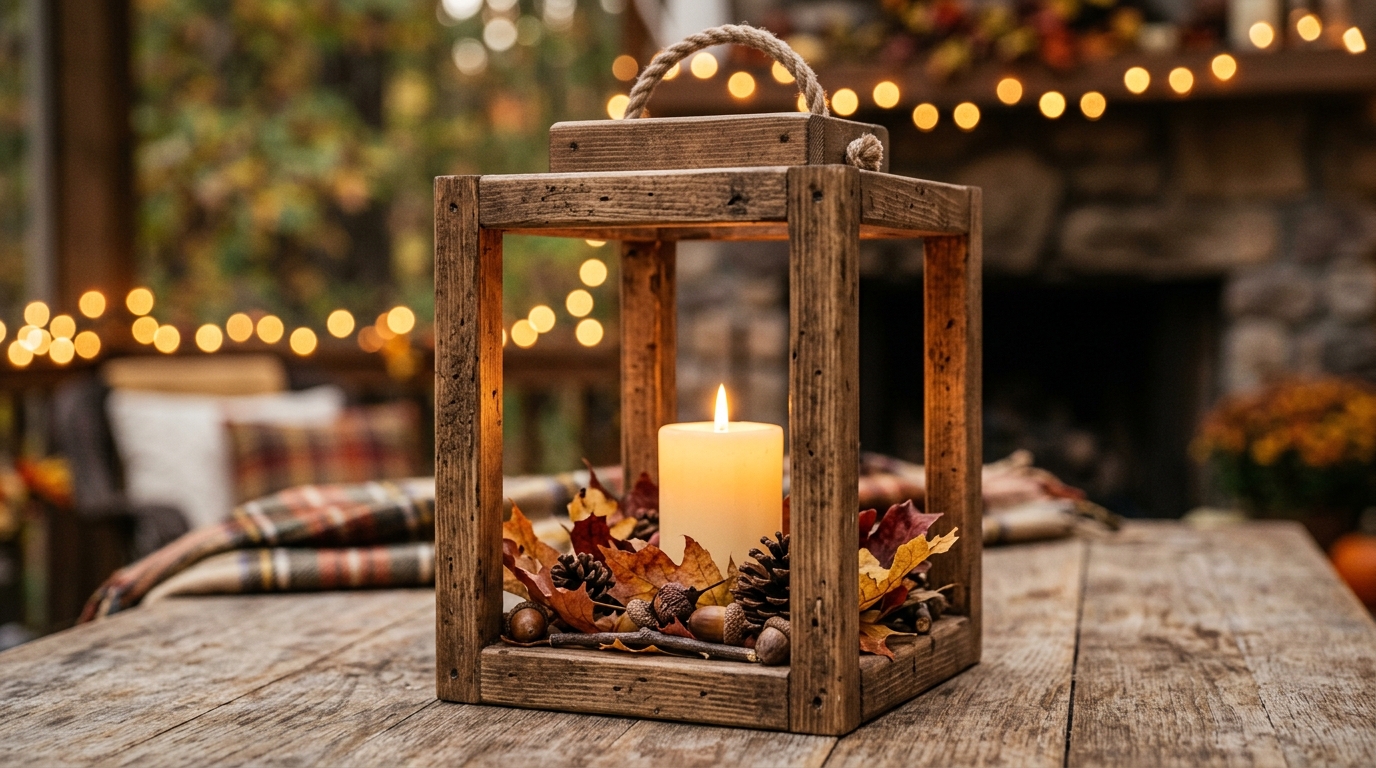 Handcrafted rustic open-air wooden lantern made from 1x2 pine with glowing candle and autumn leaves