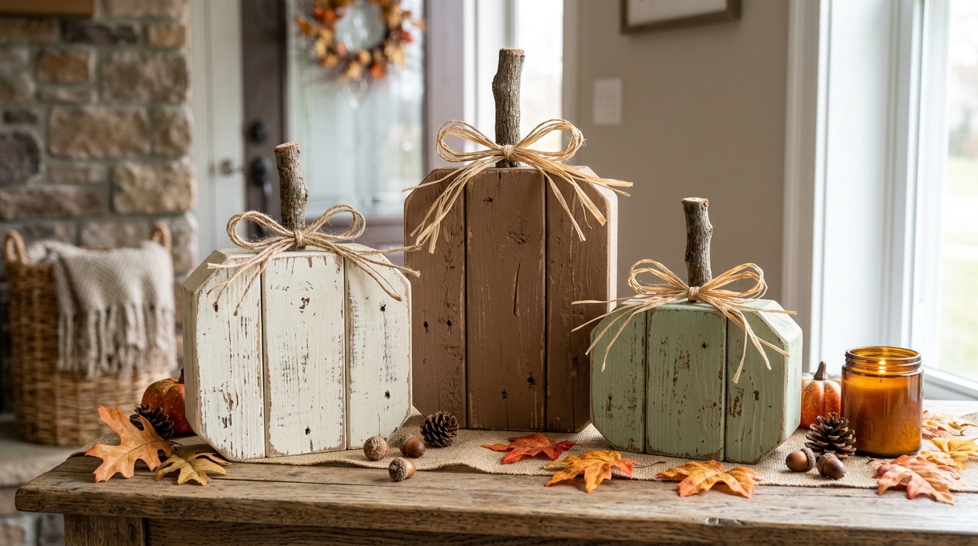 DIY scrap wood pumpkin trio made of 2x4 blocks with branch stems and twine bows for rustic fall decor