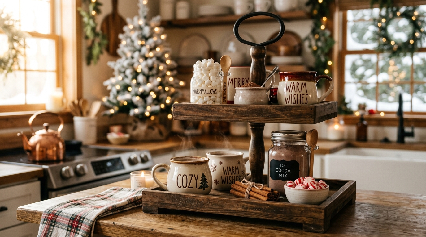 Tiered hot cocoa and coffee station riser wooden tray for winter holiday entertaining
