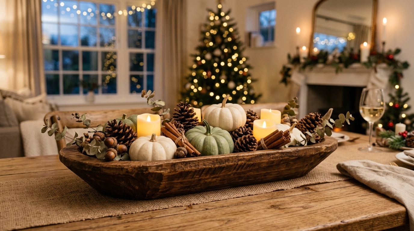 Rustic hand-carved wooden dough bowl centerpiece filled with mini pumpkins, pinecones, and candles