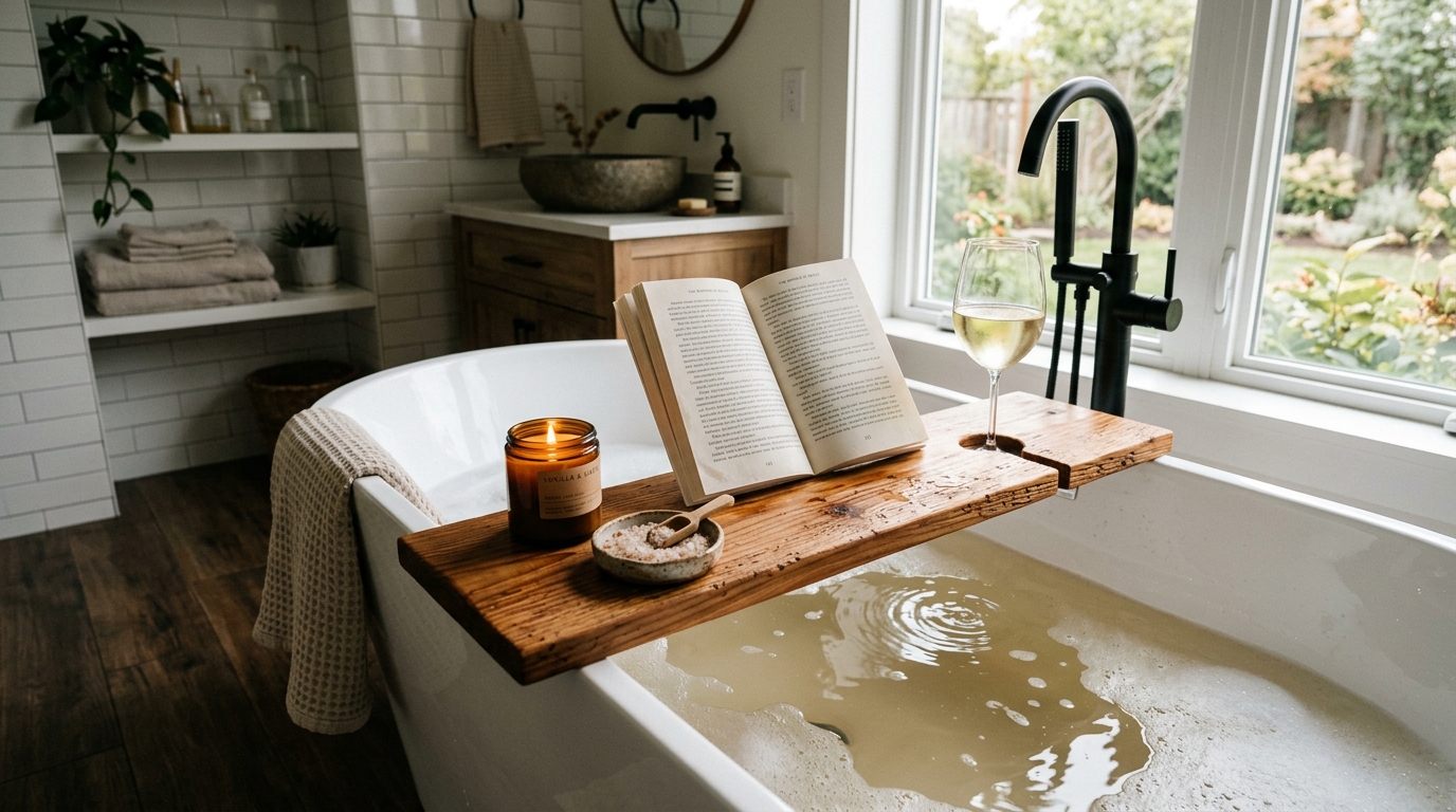 Minimalist wooden spa bath caddy tray for bathtub with wine glass slot and book rest