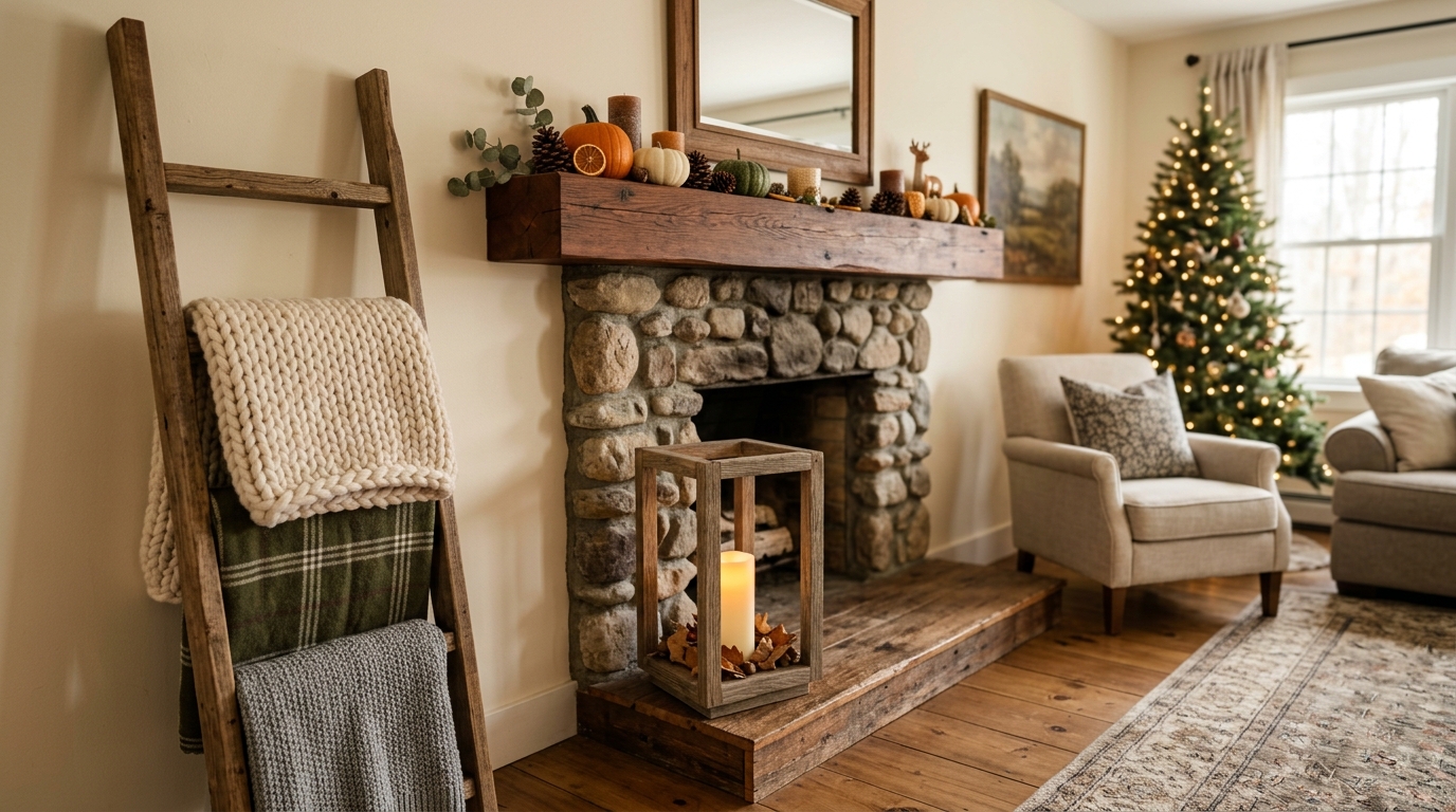 Cozy rustic fall and winter home decor with handmade wooden blanket ladder, lantern, and floating fireplace mantel