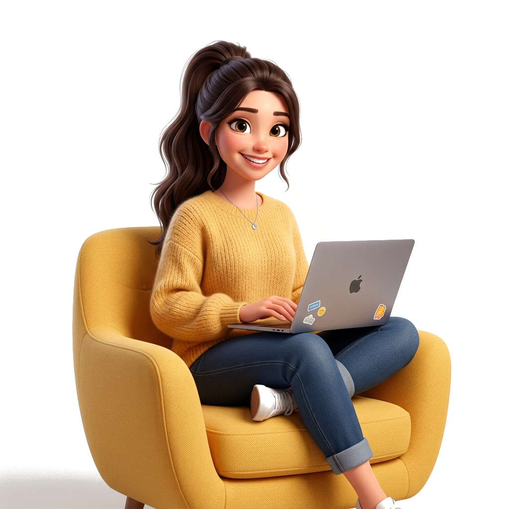 3D Girl working on laptop in armchair